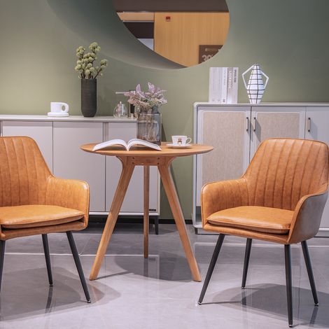 Sedia da pranzo set da 2, 60 x 57 x 51,5 cm, marrone, in pelle con braccioli e gambe metalliche (1/5)