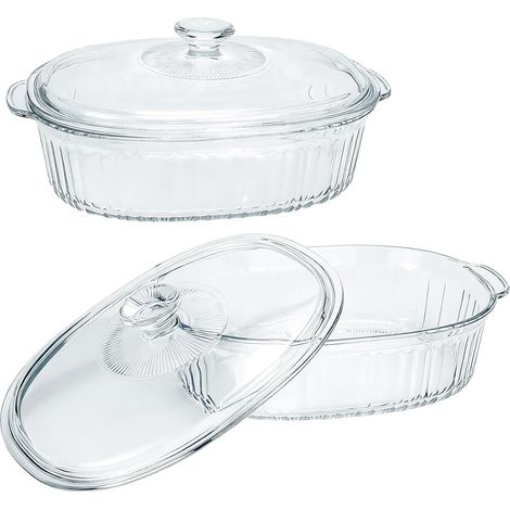 2 Plats à Four en Verre avec Couvercle - Cocotte Ronde en Verre Résistant à la Chaleur pour Micro-ondes, Four et Réfrigérateur - Plat de Cuisson Transparent avec Poigné (Ovale, 1,9 L (1/5)
