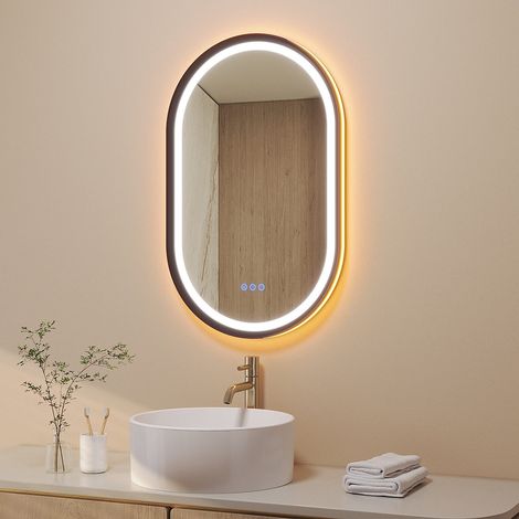 Oval Badspiegel mit Beleuchtung LED Wandspiegel Badezimmerspiegel mit Touch Schalter 2 Lichtfarben Dimmbar Beschlagfrei Schwarzer Aluminiumrahmen 1. Größe: 50 x 80 cm