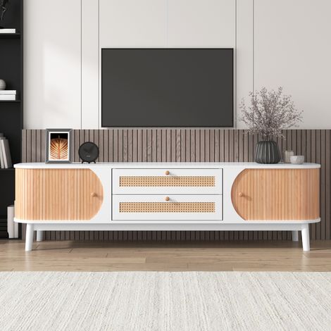 Meuble TV avec façades et tiroirs en finition mixte bois naturel, côtés en rotin. Solution de rangement style campagne naturel (1/5)
