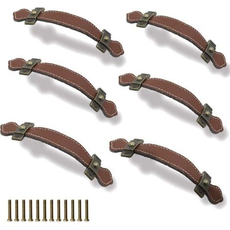 6 Pièces Poignées Tiroir Cuir 128mm Poignée de Valise Vintage Poignée pour Meuble Armoire avec Vis Marron