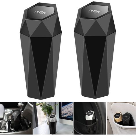 Zwei kleine, automatische, tragbare Auto-Mülleimer mit Deckel, rautenförmiges Design, schwarz. (1/5)