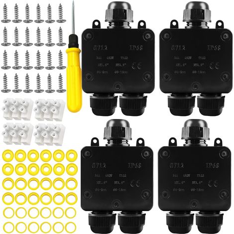 Boîte de jonction étanche 4 pièces : 4 boîtes de jonction 3 voies extérieures étanches IP68, boîte de distribution électrique extérieure pour câbles de 5-15 mm de diamètre, noir (1/5)