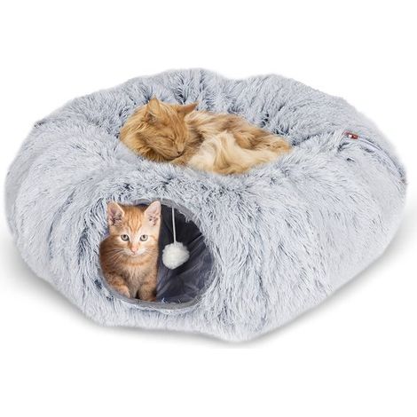 CALIYO Tunnel et lit pour chat 2 en 1 – Maison pour chat en forme de donut – Tunnel rond en peluche – Jouet pour chat – Amovible – Gris dégradé (1/5)