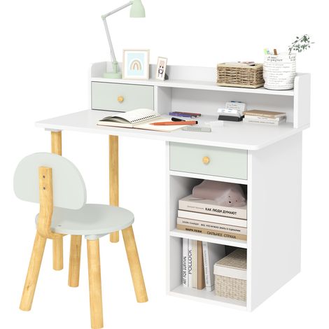Bureau vert clair et blanc pour écolier avec tiroirs, compartiment et étagères, design enfant frais pour chambre et devoirs pratique et organisé