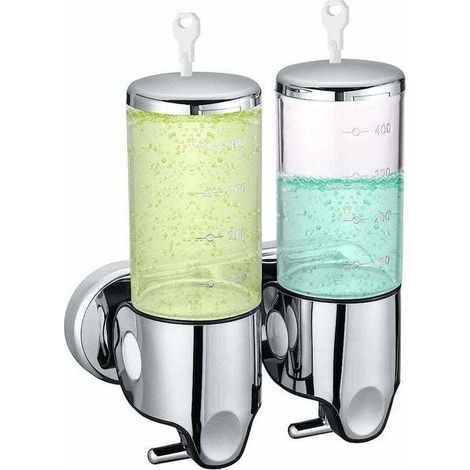 Distributeur de savon mural manuel à double compartiment de 1000 ml pour gel hydroalcoolique, shampoing, gel douche, lotion pour les toilettes, la salle de bain et la cuisine. (1/4)