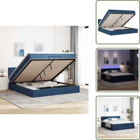 Stauraum - vidaXL Ottoman-Bett mit Matratzen & LEDs Blau 200x200 cm Stoff - Hydraulischer Heber (1/5)