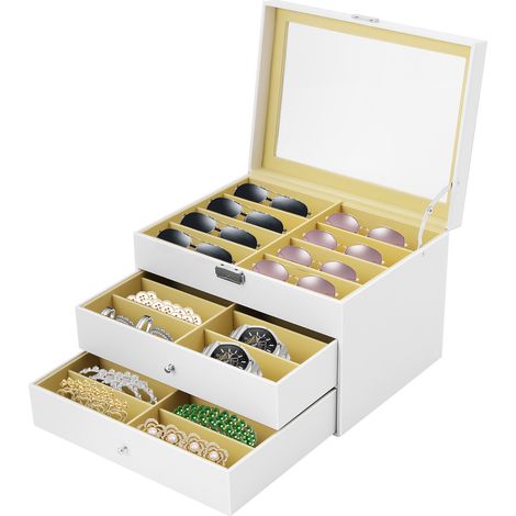 24-compartiment lunettes vitrine boîte de stockage de lunettes de soleil organisateur verrouillable Collection Holder pour bijoux lunettes et montres - couverture en verre transparent, blanc (1/5)