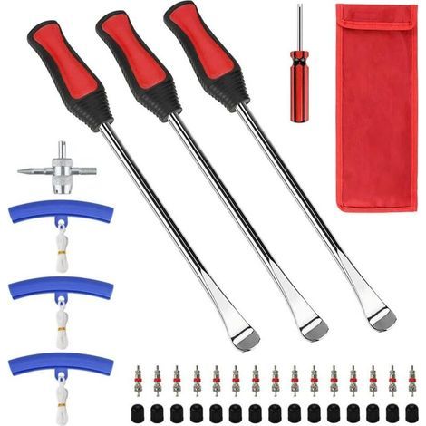 Outil Levier de Pneu, Démonte Pneu Moto 39 pcs, avec 3 Cuillères Outil Pneumatique Levier, 3 Protection de Jante, Noyau de Valve et Capuchons, pour Changement de Pneu de Moto, Vélo, Voiture (1/5)
