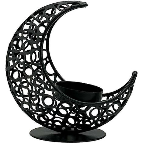Bougeoir en métal en forme de lune, porte-bougie chauffe-plat pour décoration islamique du Ramadan, idéal pour un anniversaire ou pour la décoration intérieure.-Black Without Star (1/5)