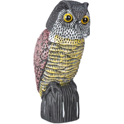 2 x Vogelschreck Eule, mit Wackelkopf, stehende Dekofigur, Taubenschreck für Garten, Balkon, Terrasse, mehrfarbig