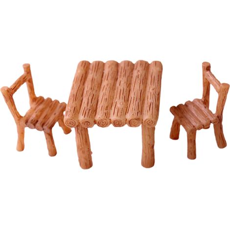 Conjunto de mesa y sillas en miniatura para jardines de hadas, conjunto de 3 piezas fabricado en resina duradera, mesa redonda y rectangular en color marrón. (1/5)