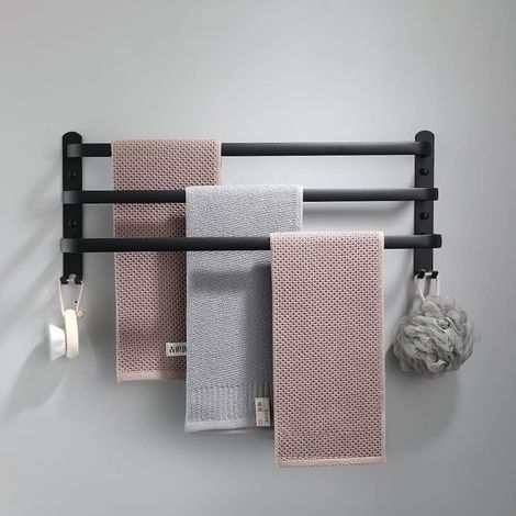 Porte-Serviettes Mural Porte Serviette Salle de Bain étagère Serviette avec Crochets Porte-Serviettes Aluminium étagère Serviette pour Cuisine Salle de Bains Hôtel (Noir, 50CM) (1/5)
