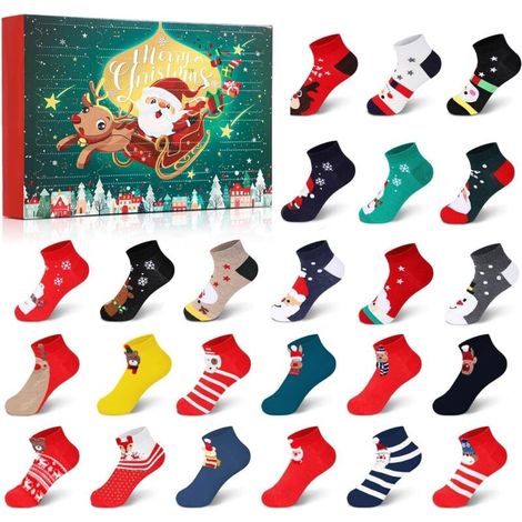 Adventskalender 2024 für Kinder mit Socken – 24-tägiges Adventsgeschenkset – Countdown bis Weihnachten – Motive: Weihnachtsmann, Rentier, Schneemann und Weihnachtsbaum (1/4)