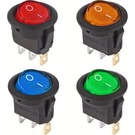 Lot de 12 interrupteurs ronds tripolaires 12V avec LED et interrupteur à bascule de couleur, adaptés aux voitures, motos, bateaux, bus et camping-cars. (1/4)