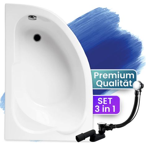 Badewanne Eckbadewanne 130x85 Links, Ablaufgarnitur & Füßen GRATIS - Komplettset 3in1 Original Acryl Wanne Premium Siphon - BADLAND STANDARD