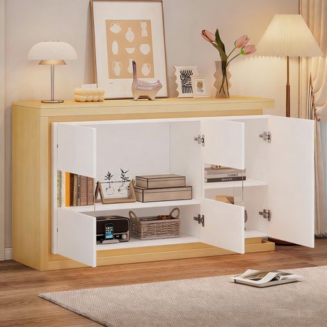 Buffet moderne 140x40x84 cm brillant avec LED, 4 compartiments, portes en verre trempé, pour salon, entrée ou bureau