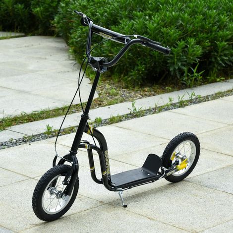 HOMCOM Trottinette enfants. grandes roues pneumatiques 12 pouce en caoutchouc. charge 100 kg. trottinette tout terrain avec double freins. hauteur réglable et béquille latérale. 5 à 12 ans. noir