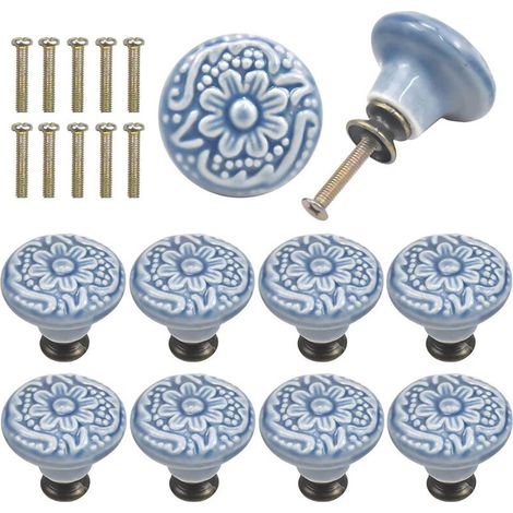 10 Pcs Bouton de Tiroir en Céramique Poignée de Meuble Ronde Gravure Vintage avec Vis Bleu (1/5)