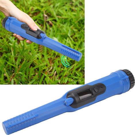 Detector de metales portátil para aventuras al aire libre, de alta sensibilidad, sonda impermeable con luz LED y alarma sonora, color azul y negro, incluye bolsa y correa de transporte. (1/5)