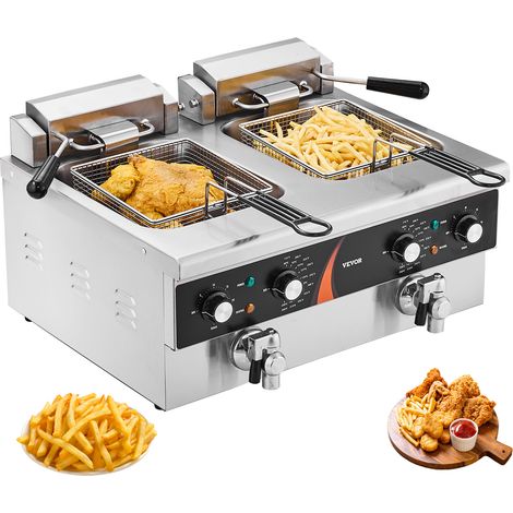 VEVOR Friggitrice Commerciale Elettrica da Banco a Doppia Vasca 3000 W, 2 Friggitrici a Olio 8,5 L con 2 Cestelli, Acciaio Inox Spesso 1 mm, Controllo Tempo Temperatura, per Uso in Cucina Ristorante