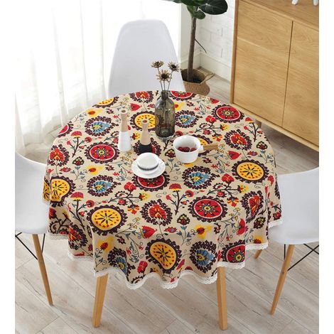 Nappe ronde en lin et coton, motif tournesol, nappe en dentelle, nappe multi-usages pour l'intérieur et l'extérieur (diamètre 120 cm, motif tournesol)