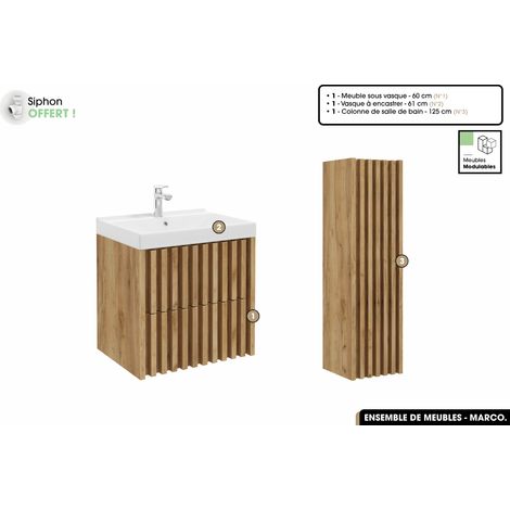 Ensemble complet de salle de bain - Meuble - Colonne - Vasque à encastrer avec Siphon OFFERT MARCO Oak 60 x 56 x 45 cm (1/4)