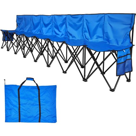 Banc pliable portable 8 places, avec dossiers, poches latérales et sac de transport, idéal pour football, baseball, camping et événements extérieurs, bleu. (1/5)