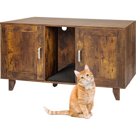 Relaxdays mueble para arenero, XXL, 2 compartimentos, casa para gatos con alfombrilla, 65 x 120 x 52 cm, marrón oscuro