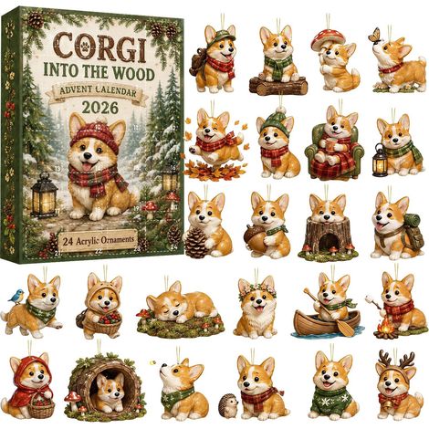 Adventskalender 2026 mit Corgi-Waldmotiv – 24 flache 2D-Acryl-Hängeornamente – niedliche Corgi-Hängedekorationen mit Baumhöhlenmotiv – Weihnachtsbaumschmuck und einzigartiges Weihnachtsgeschenk für Hu (1/5)