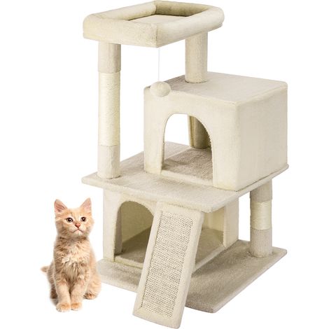 Albero Tiragraffi Rifugio per Gatti Graffiatoio Beige per Felini Cucce 3 Livelli