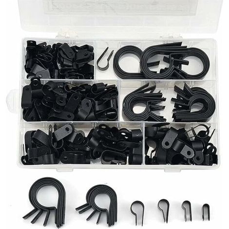 200 Stück Nylon-Kabelbinder-R, P-Clips, Nylon-Kunststoffrohr-Befestigungsklemmen, Befestigungselemente für Leitungen, Kabel, Leitungen und Leitungen Ø 5,3/6,4/10,4/13,2/19/23 mm (schwarz).