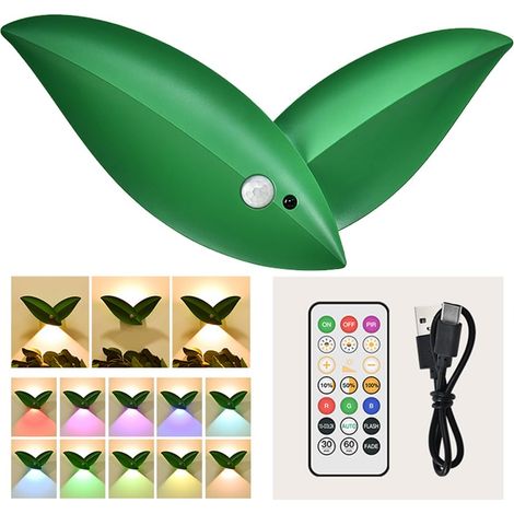 Lampe murale rechargeable LED Leaf Sensor avec télécommande, lumière chaude intérieure multifonctionnelle et lumière de nuit décorative colorée au bord du lit.