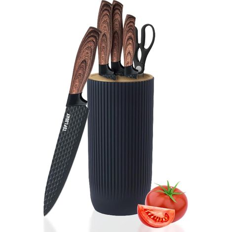 Ensemble Couteaux Cuisine - 6 Pièces - Acier Inoxydable - Antiadhésif - Avec Support - Noir (1/5)