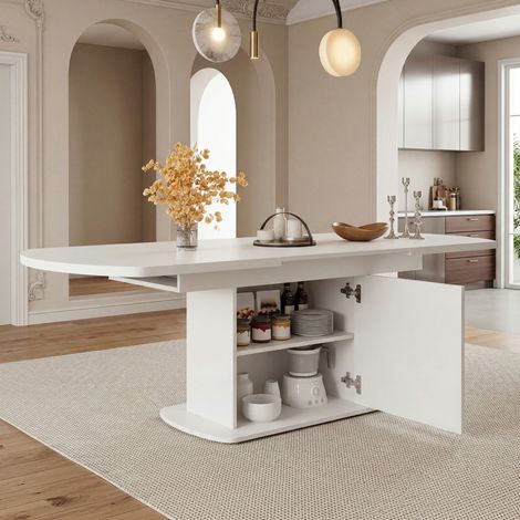 Table ovale extensible – 140/200x80x75cm – Rangement – Moderne/minimaliste – Gain de place – Blanc/argenté (1/5)