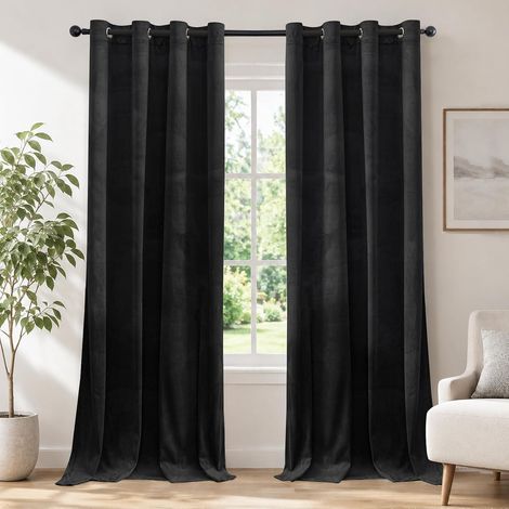 Rideau Occultant Velours Lot De 2, 140x145cm, Noir (1/5)