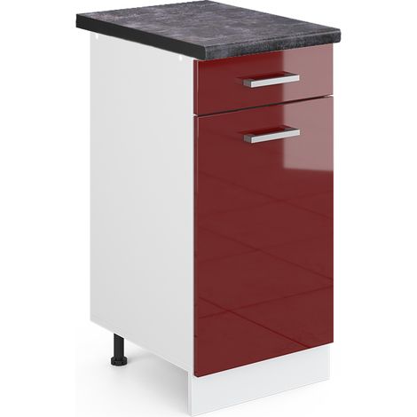 Mueble bajo de cocina R-Line, Rojo Burdeos alto brillo, 40 cm , ET Antracita, Vicco