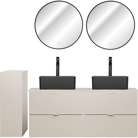 Badmöbel Set 4-teilig mit 120 cm Doppelwaschtisch & 2 LED-Spiegel, in Beige - DURANGO-56 (1/5)