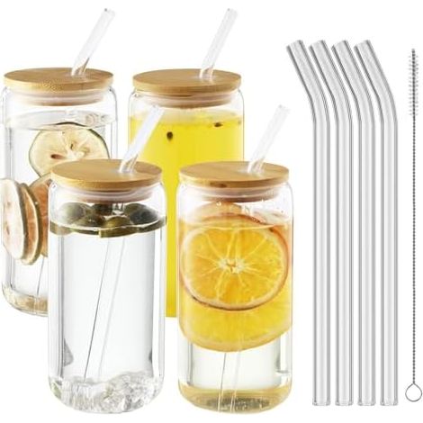 4 Pièces Verre Canette 500 ml, avec Couvercle et Paille, Verre à Smoothie Réutilisable, Adapté aux Smoothies, thé au Lait, Tasse à Bière Tasse à Café Glacée (500ML, 4, unité) (1/5)