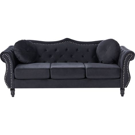 Sofá de terciopelo 3 plazas glamuroso sala de estar con ribete de tachuelas y capitoné negro Skien (1/5)