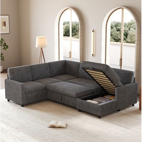 Schlafsofa U-Form 274/220/85 cm in Grau aus Cord mit Bettfunktion und Stauraum (1/5)