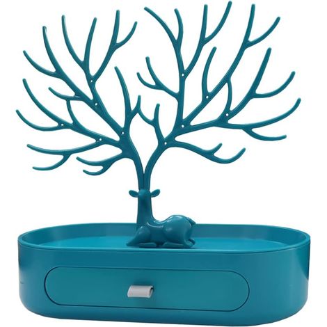 Schmuckständer aus Geweih, Halskettenorganizer, Schmuckständer mit Schubladen, Ohrringständer, Armbandständer, Schmuckbaum, Halskettenständerbaum, Ohrringständer, Schmucktablett (blau) (1/4)