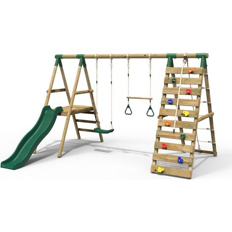 Rebo Wooden Swing Set with Deck and Slide plus Up and Over Climbing Wall - Jasper Green (1/5)