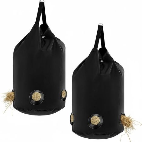 2 Pièces - Filet à Foin - Sac à Foin Cheval - Tissu Oxford Robuste - Ouverture 8,5 cm pour Ralentir l'Alimentation - Écurie et Pâturage - Noir - 71x40,5 cm (1/5)