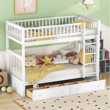 Litera de madera de pino y MDF blanca 90x200 cm convertible en 2 camas con 2 cajones (1/5)