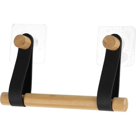 Dérouleur papier toilette WC en Bambou avec lanières Noir mat en simili cuir - TENDANCE (1/4)