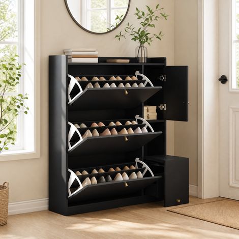 Kipp-Schuhschrank 119x24x122 cm schwarz aus Spanplatte mit Klappfächern und Sitzbank (1/5)