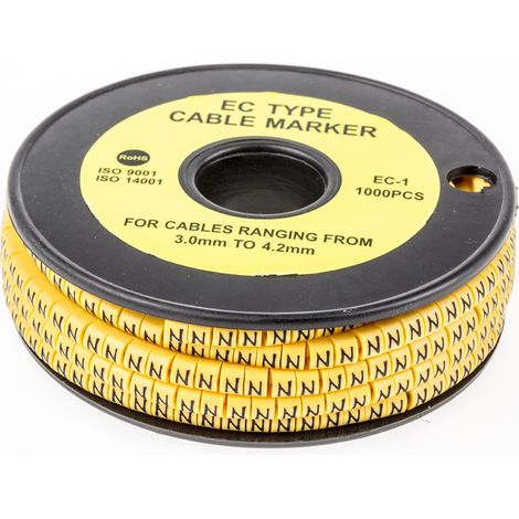 Repère câble , Ø câble 3  4.2mm, texte : N, Noir sur Jaune ( Prix pour Bobine de 1000 )