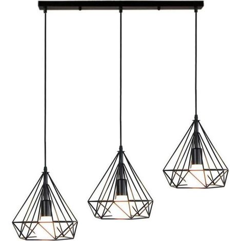 Lustre Suspension Industrielle de 3 lampes, Plafonnier en Métal Fer Abat-Jour forme diamant Luminaire pour Salon Salle à Manger Bar, E27 Noir (1/5)