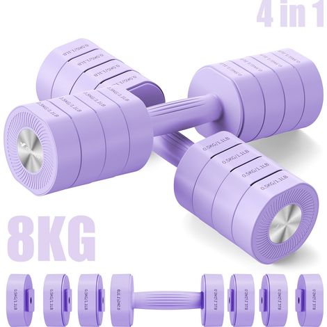 4-in-1 Adjustable Dumbbell - MERACH, Set of 2 Weights from 1 to 8KG, Home or Gym, for Men and Women, Purple